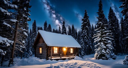 Fototapeta premium Cozy Cabin Nestled in a Snow-Covered Pine Forest_029