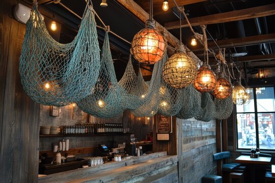 nautical themed decor, a seafood restaurant featuring decor of fishermans nets and buoys hanging from the ceiling, evoking a coastal ambiance