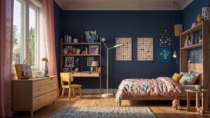 Stylish Kids Bedroom with Yellow Chair, Blue Wall, Wooden Furniture, and Floral Bedding