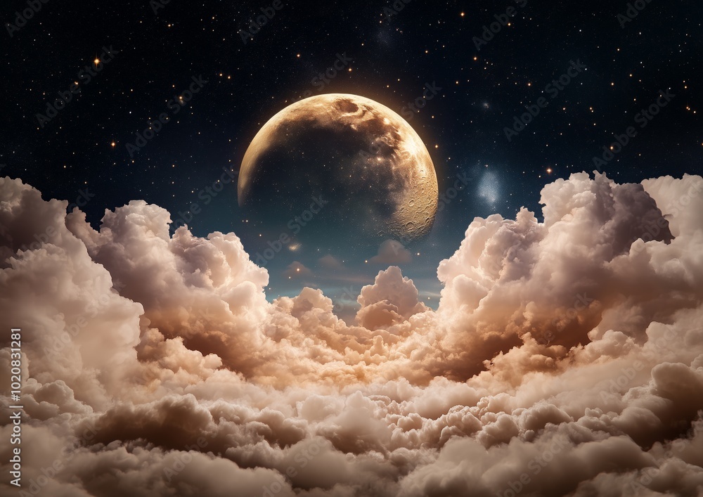 Canvas Prints a large moon is in the sky above a cloudy sky. the moon is surrounded by stars. the sky is mostly cl