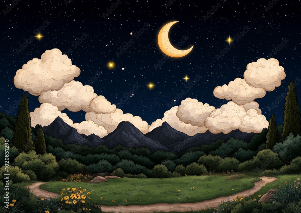 Canvas Prints a drawing of a mountain range with a large moon in the sky. the moon is surrounded by stars