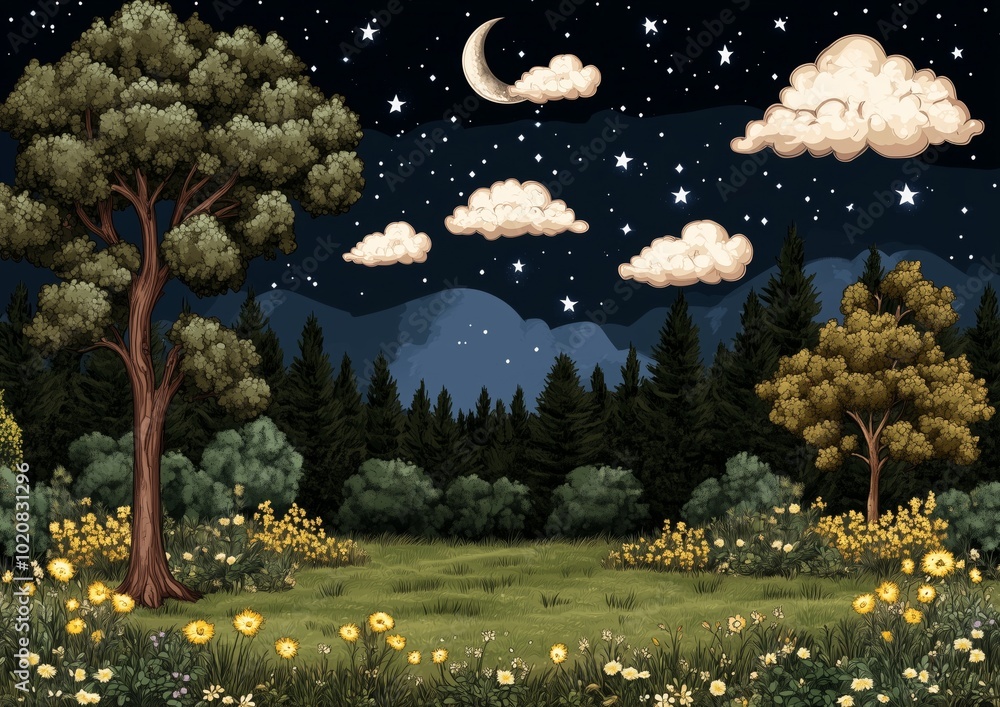 Poster a drawing of a forest with a large tree and a moon in the sky. the sky is filled with stars and clou