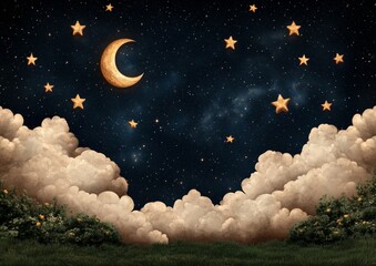 A painting of a night sky with a large moon and many stars. The stars are scattered throughout the sky and some are grouped together