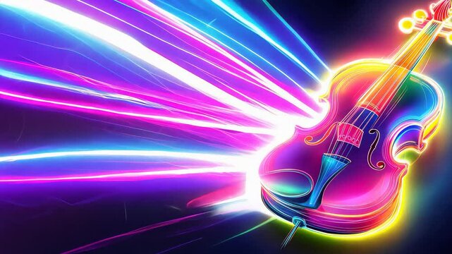 A colorful violin is displayed on a dark background. Concept of vibrancy and creativity, as the colors of the violin stand out against the black background
