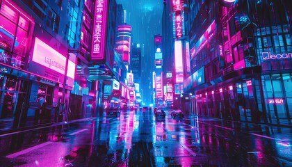 Neon-Lit City Street Bathed in Rain