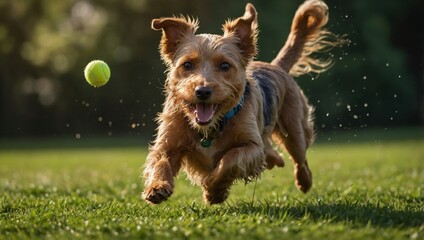 A shaggy dog runs after a tennis ball