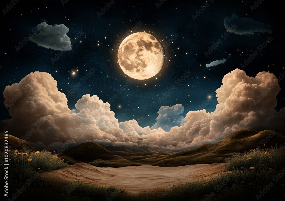 Poster a large moon is in the sky above a field. the sky is cloudy and the moon is the only bright object