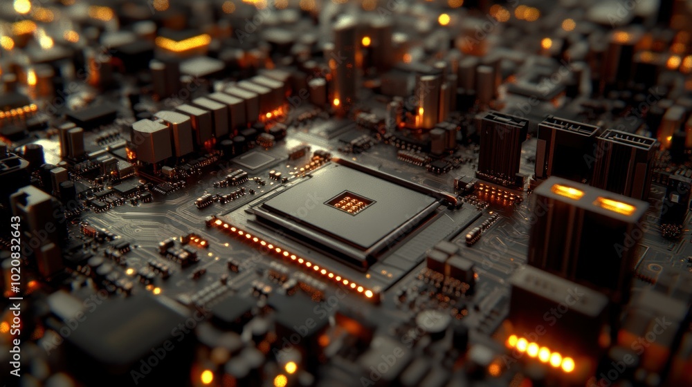 Poster close-up of a computer motherboard with illuminated components