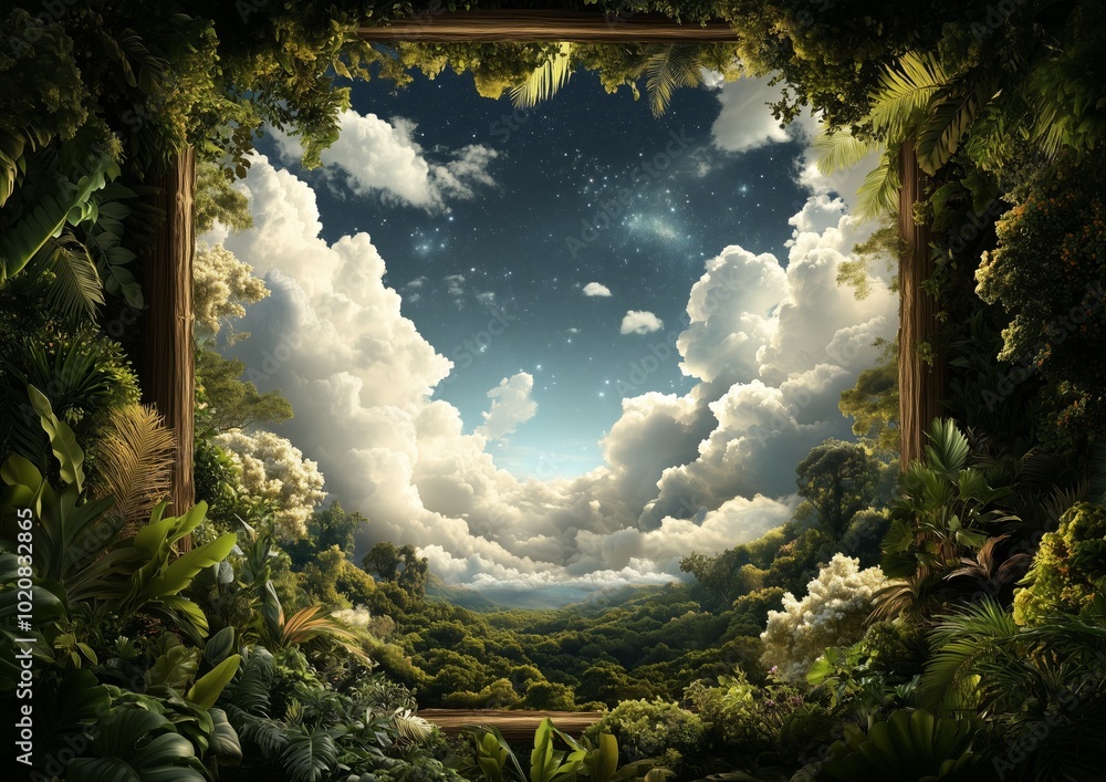 Poster a forest scene with a large tree in the foreground and a large tree in the background. the sky is cl