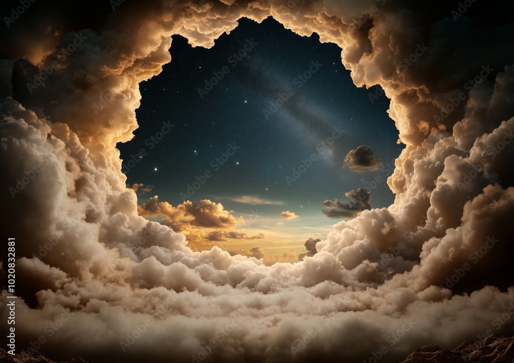 Canvas Prints a large cloud with a hole in the middle. the sky is filled with stars. the clouds are white and fluf