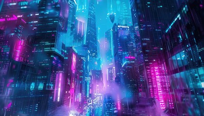 Obraz premium Neon-Lit Cityscape with Futuristic Buildings and Vibrant Colors