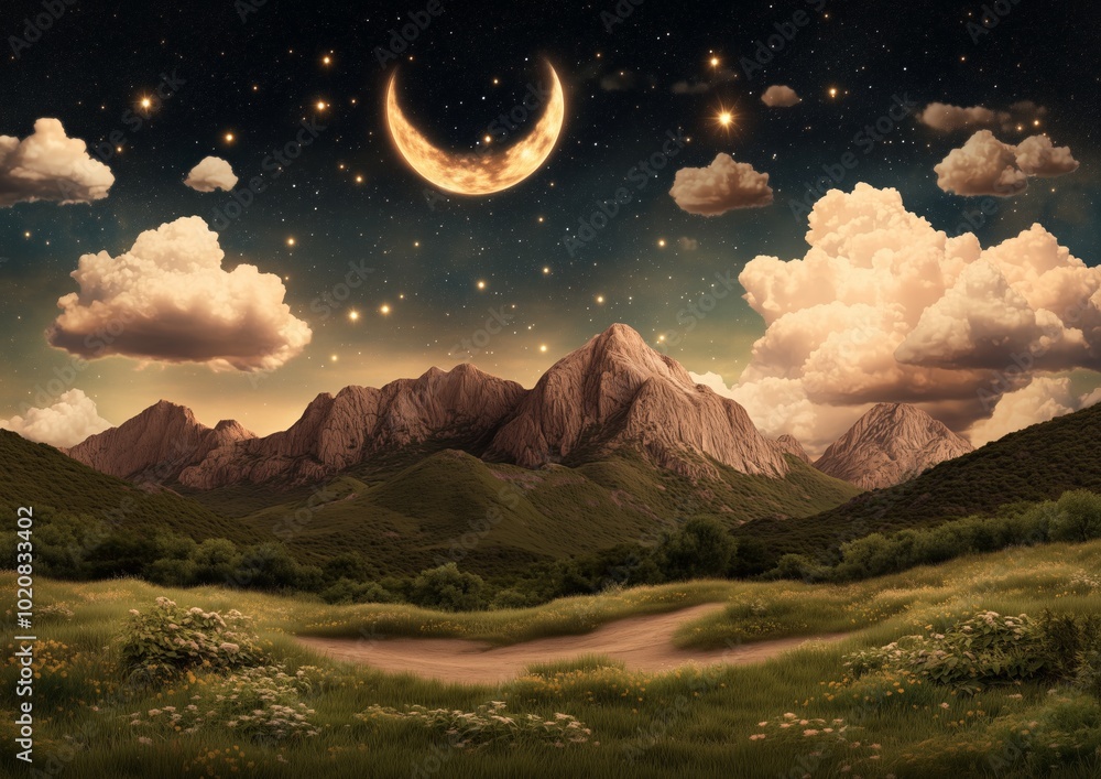 Canvas Prints a mountain range with a large crescent moon in the sky. the moon is surrounded by stars