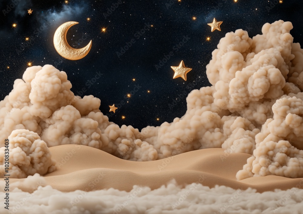 Canvas Prints a starry sky with a large moon and clouds. the moon is surrounded by stars and the clouds are white