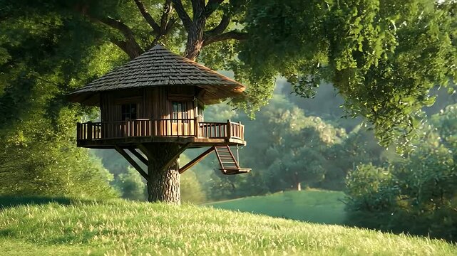 charming depiction of a wooden tree house with a traditional hut-like roof, set in a peaceful countryside park. Perfect for visuals focusing on tourism, rural living, and the fanta