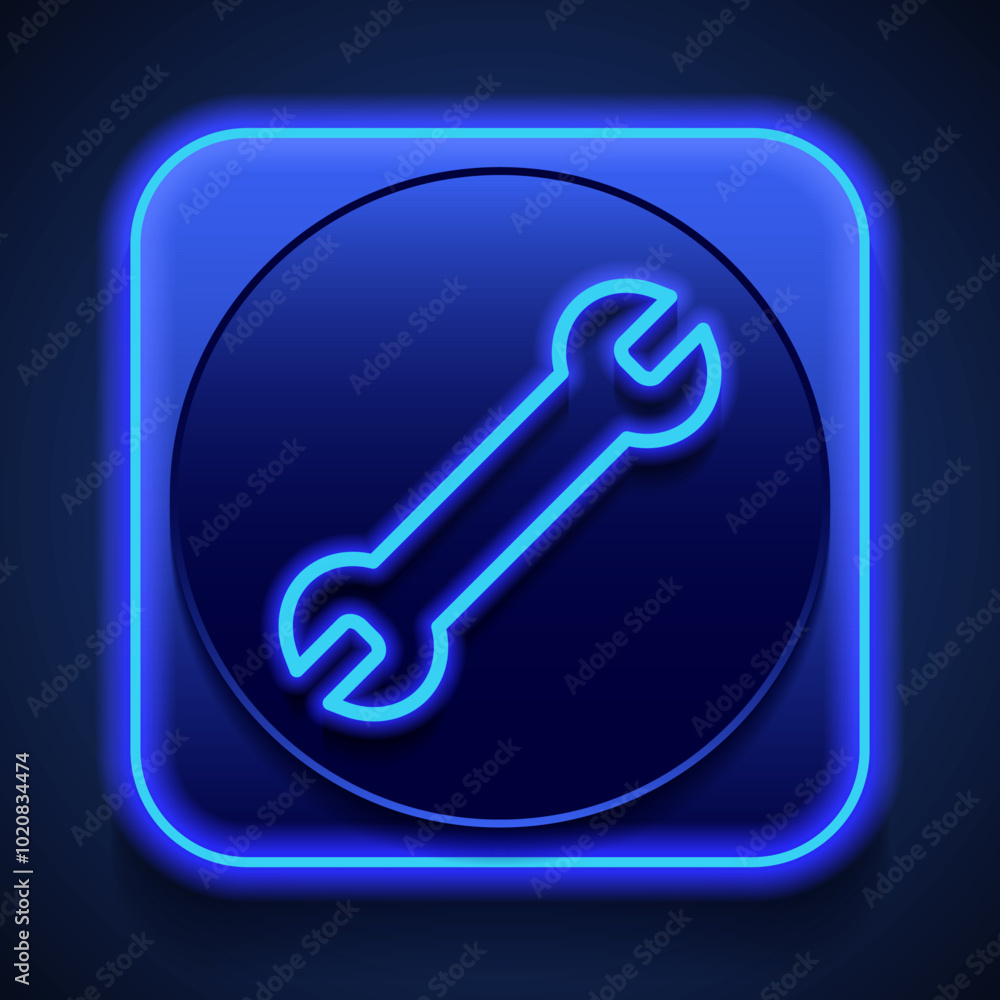 Poster wrench simple icon vector. flat design. blue neon style on button. with shadow