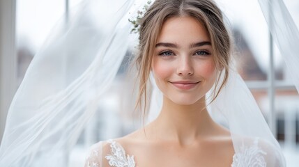Smiling bride indoors with flowing veil and soft light