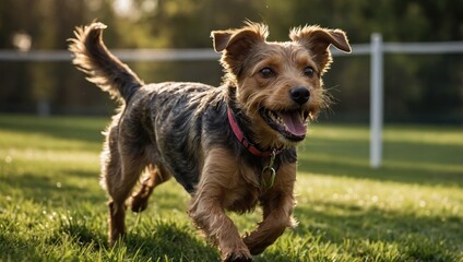 A shaggy dog runs after a tennis ball