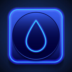 Water drop simple icon vector. Flat design. Blue neon style on button. With shadow