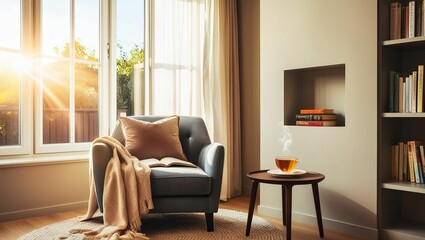 Cozy Reading Nook
A stylish reading nook in a modern home, featuring a plush armchair and a small bookshelf.