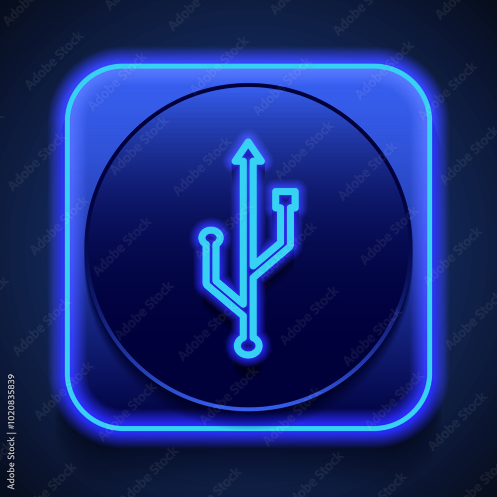 Poster usb simple icon vector. flat design. blue neon style on button. with shadow