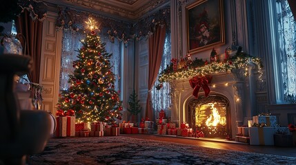 Obraz premium A cozy holiday scene featuring a decorated Christmas tree and a warm fireplace.
