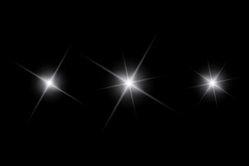 White sparkle lights, flashing lights, light effects, sunlight lens flare, glowing ray beams, sparkling starsicon on black background.