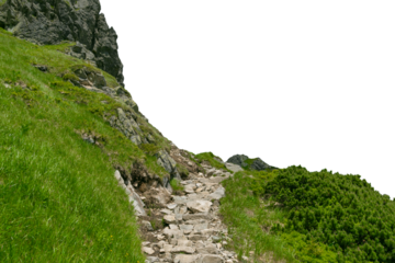 Stone path in the mountains. Hiking in the mountains in summer. Isolated object.