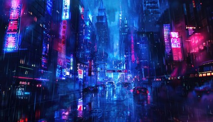 Obraz premium Neon-Lit City Street in the Rain at Night