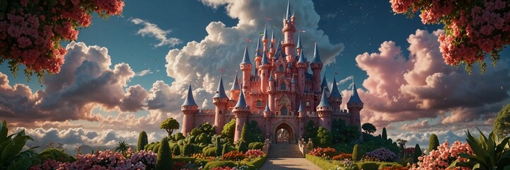 A castle with a pink roof and a pink castle. The castle is surrounded by a garden. There are many flowers in the garden