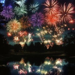 Obraz premium A night sky filled with bright fireworks in different colors,