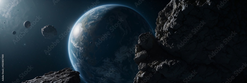 Poster a planet with a rocky surface and a large rock in the foreground. there are also several smaller roc