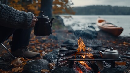 A person holding a kettle over an open fire at a lakeside camp, with a kayak in the background.