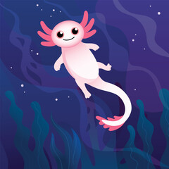 Сute axolotl swimming in the water, dark background, algae