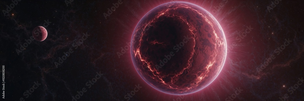 Poster a red planet with a hole in the middle. there is a smaller planet in the background. the planet is s