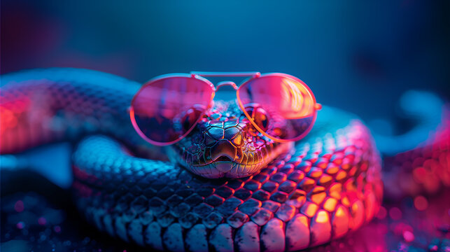 A snake wearing sunglasses in front of a colorful tropical background	
