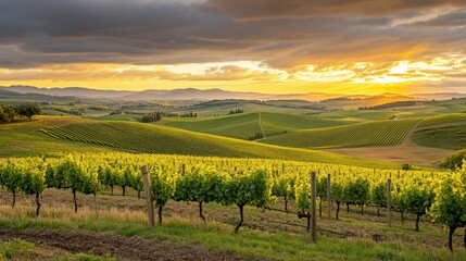 Naklejka premium Rolling Hills Vineyard at Sunset in Tuscany