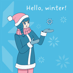 Anime style winter greeting card “hello winter” woman catching a snowflake
