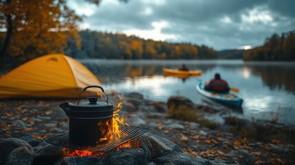 A camping kettle over a fire near a yellow tent, with kayakers on a lake in the background.