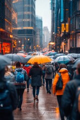 People walking with umbrellas along a busy city street on a rainy day in downtown