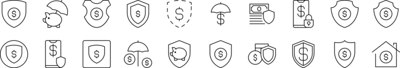 Money by Shield Line Icon Collection. Editable Stroke. Perfect for Infographics, Articles, Books, Flyers, Banners