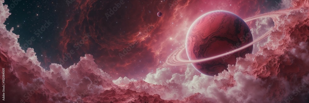 Aufkleber a red planet with a ring around it is in the sky. the planet is surrounded by clouds and stars