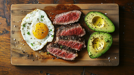 Ideal Carnivore Diet with beef red meat steak eggs and avocado on a wooden cutting board flaky salt and pepper
