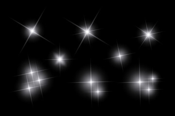 White sparkle lights, flashing lights, light effects, sunlight lens flare, glowing ray beams, sparkling starsicon on black background.