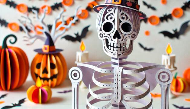 A close-up Halloween scene featuring a skeleton crafted in paper art style, set against a white background. The skeleton is made from layered paper cut