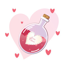 Love potion in pink bottle for who wants to fall in love. Valentine's Day, love, pink, vector, hearts. 