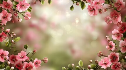 Obraz premium Delicate pink blossoms frame a dreamy spring background, evoking tranquility and beauty.