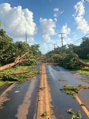 Severe storm aftermath: fallen trees and flooded road obstructing traffic in a rural area after heavy rainfall