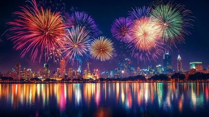 Fototapeta premium A vibrant display of multicoloredexploding in the night sky above a city skyline fireworks ,