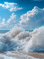Fototapeta premium Ocean waves crash violently against the shore under a bright blue sky with fluffy white clouds in the late afternoon sun
