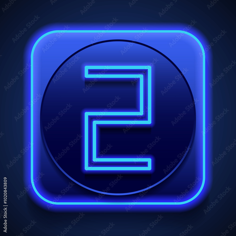 Poster number two, numeral simple icon vector. flat design. blue neon style on button. with shadow